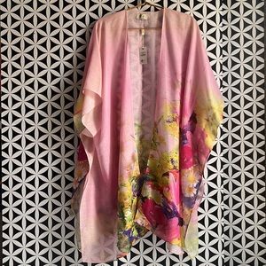 Pink-Yellow Ombre Accent Floral & Butterfly Kimono